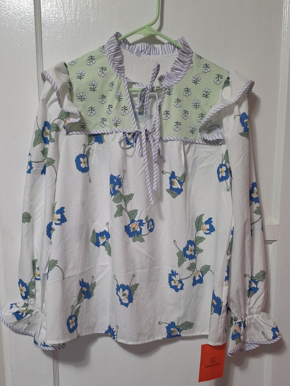Floral Ruffle-Trim Long Sleeve Top in White and Blue
